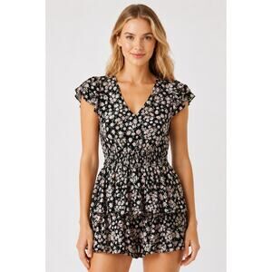 Alice Olivia Women Mariska Floral Ruffle Romper V Neck Short Sleeve Size 6 Black